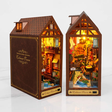 NookCraft – DIY Book Nook Bausatz aus Holz – Miniatur Bücherregal Einsatz mit Puppenhaus und LED-Beleuchtung
