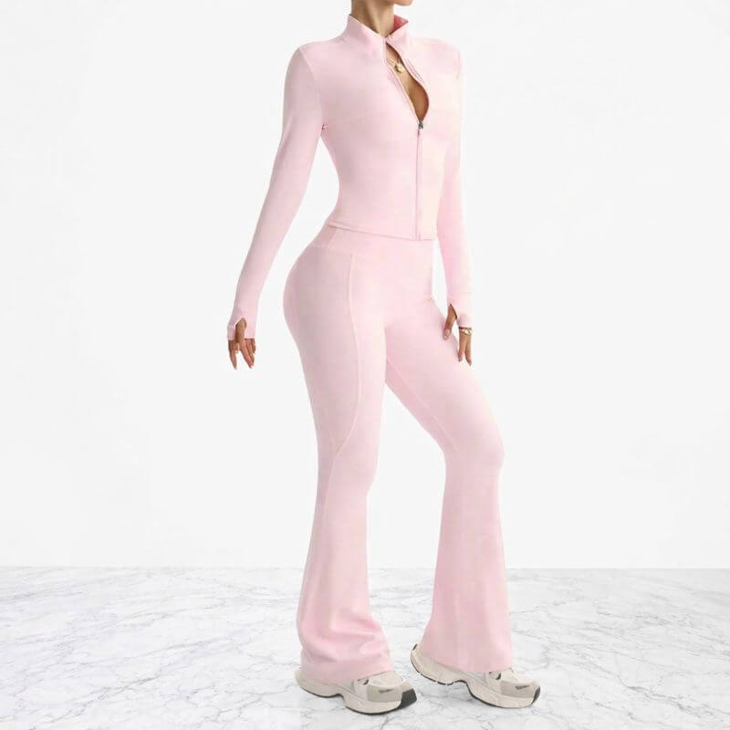 AeroFlare – Schnelltrocknendes Damen-Trainingsset mit schmal geschnittener Jacke und ausgestellter Leggings für Yoga, Workout und Alltag