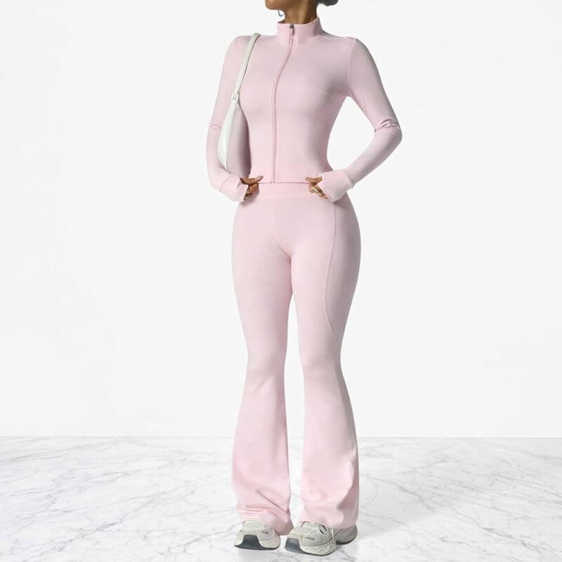 AeroFlare – Schnelltrocknendes Damen-Trainingsset mit schmal geschnittener Jacke und ausgestellter Leggings für Yoga, Workout und Alltag