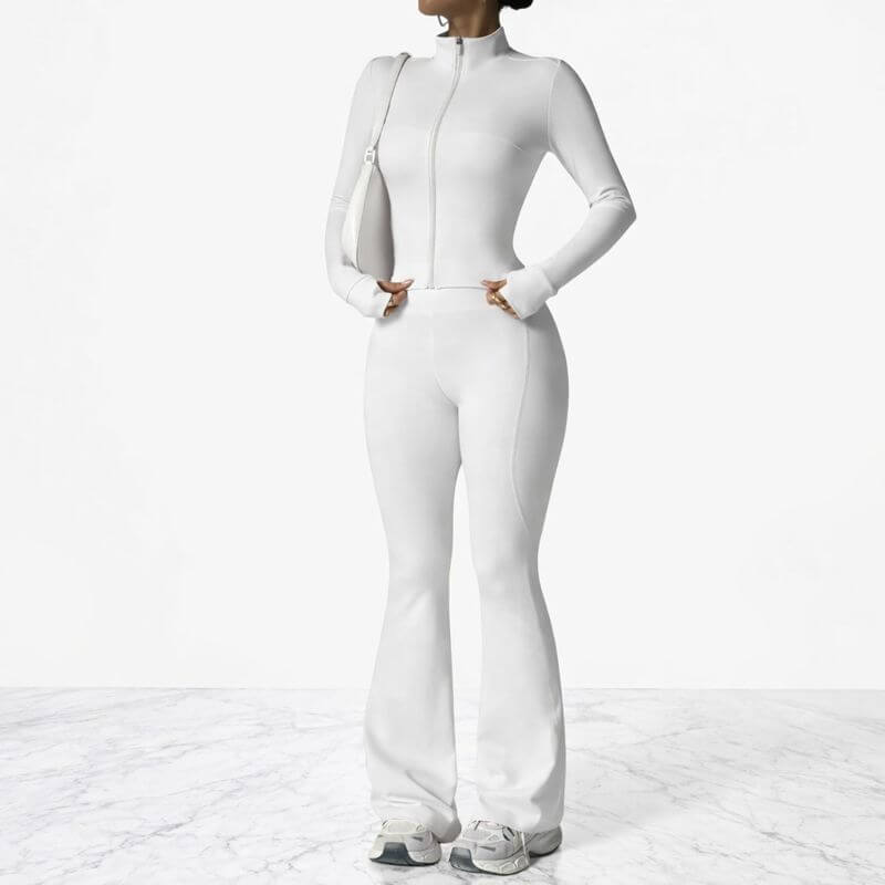 AeroFlare – Schnelltrocknendes Damen-Trainingsset mit schmal geschnittener Jacke und ausgestellter Leggings für Yoga, Workout und Alltag