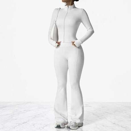 AeroFlare – Schnelltrocknendes Damen-Trainingsset mit schmal geschnittener Jacke und ausgestellter Leggings für Yoga, Workout und Alltag