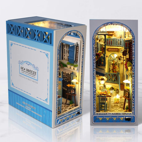 NookCraft – DIY Book Nook Bausatz aus Holz – Miniatur Bücherregal Einsatz mit Puppenhaus und LED-Beleuchtung