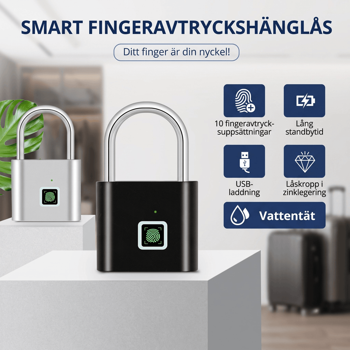 LockPrint – Smart Fingeravtryckslås med USB-laddning – Vattentätt Hänglås för Skåp, Dörr och Förvaring