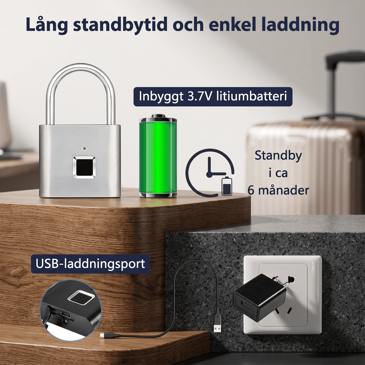 LockPrint – Smart Fingeravtryckslås med USB-laddning – Vattentätt Hänglås för Skåp, Dörr och Förvaring