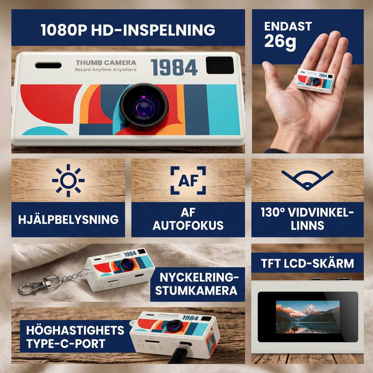 PixelKey – Mini Nyckelringskamera med 0.96" Skärm – Bärbar 1080P Videokamera med Blixt