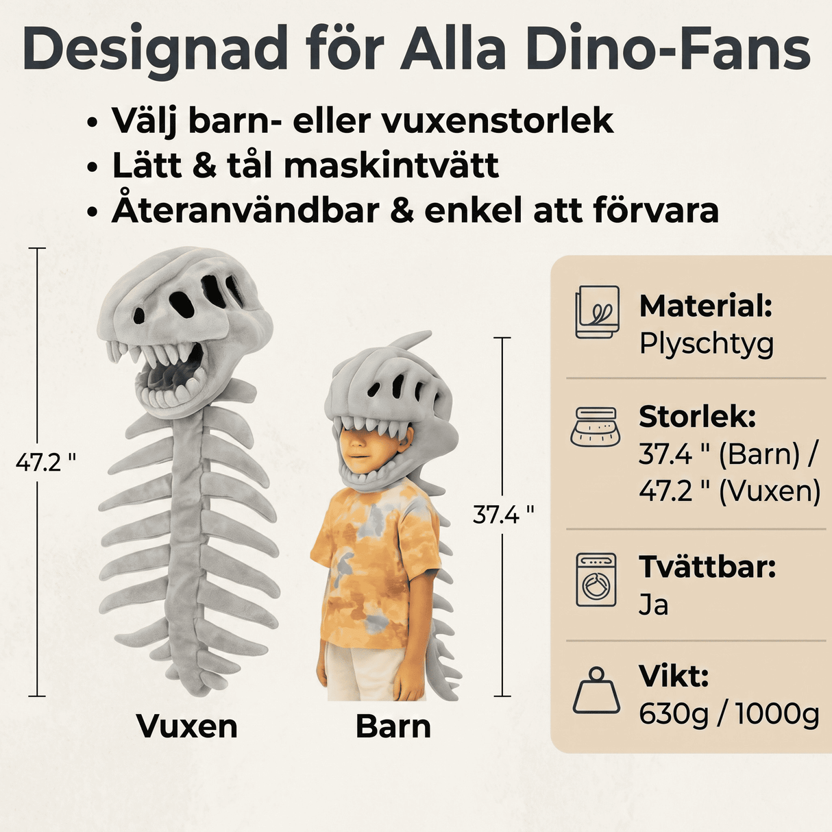 RexBone – Dinosaurierskelett-Kostümhut aus weichem Plüsch für Kinder und Erwachsene – Lustiges und maschinenwaschbares Cosplay-Requisit für Halloween, Geburtstage und Mottopartys
